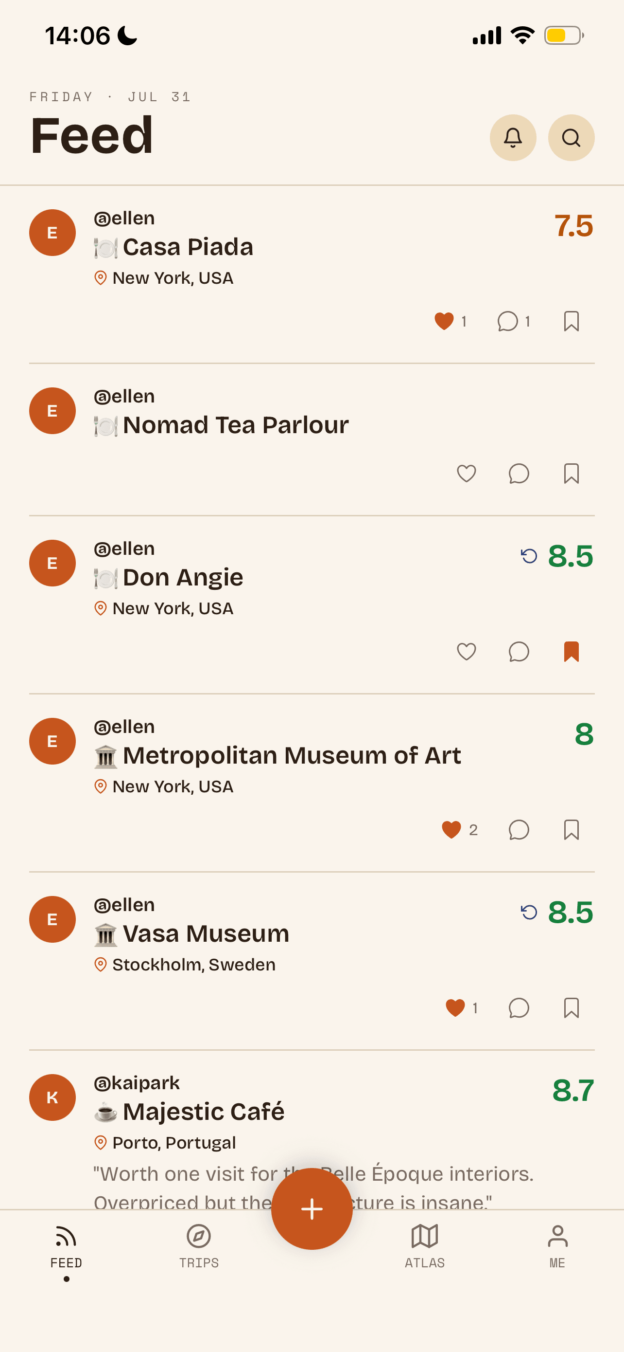 The vess home feed of places recommended by friends