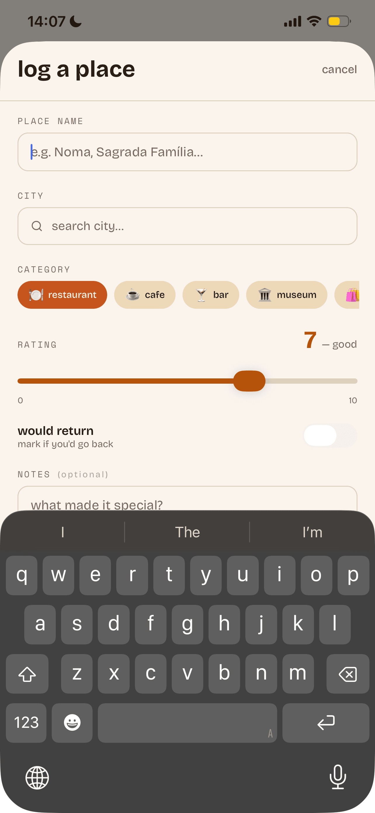 Logging a place in vess with a personal review